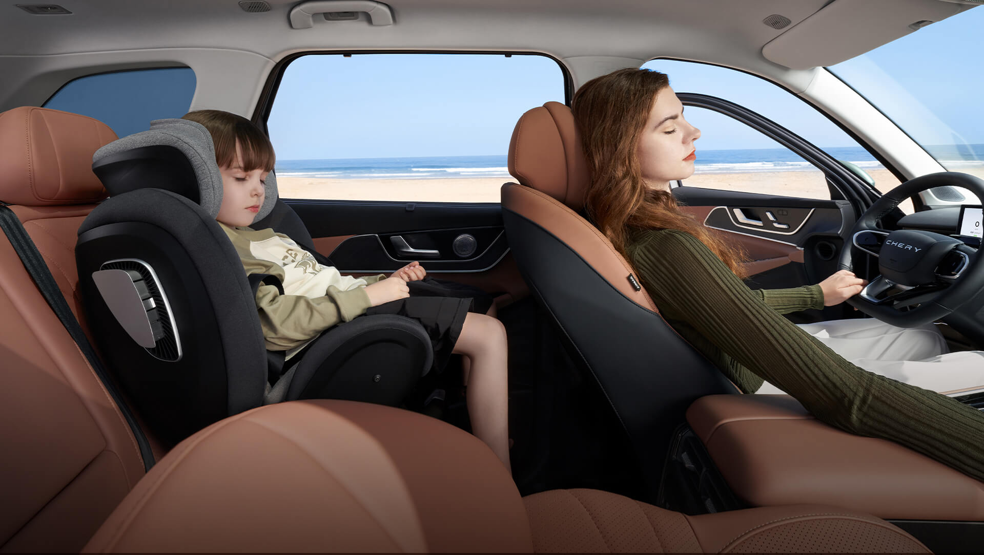 Spacious vehicle cabin interior with premium seating